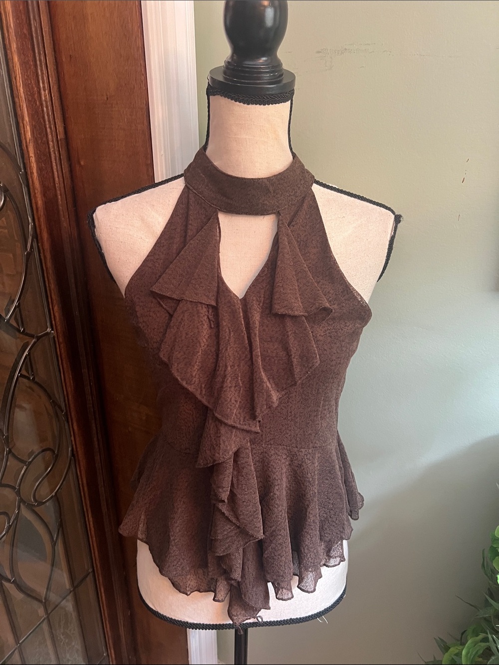 Brown Ruffle Halter Peplum Camisole